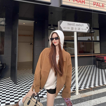 Ženska jakna od umjetne nubuk kože s reverom, dugi rukavi, prednji zatvarač, kratki kroj, ležerna silueta, jesen 2025