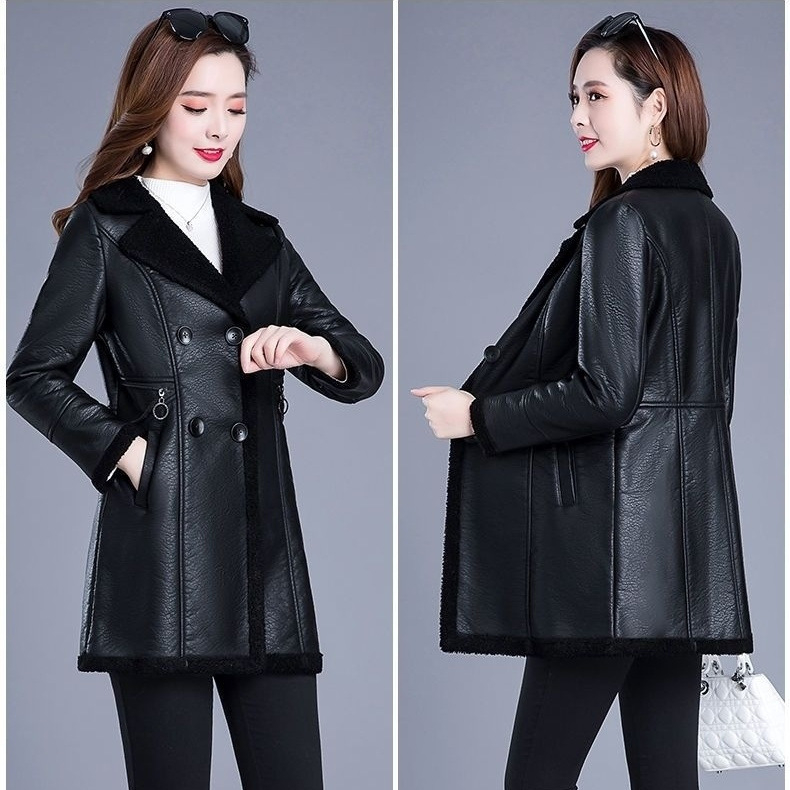Ženska kožna jakna s flis podstavom, srednja duljina, ovratnik stila saka, jednodobno kopčanje, proljeće 2025