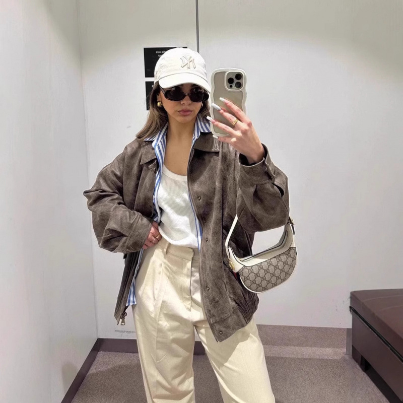 Ženska bomber jakna od velura – s reverom, dugi rukavi, casual stil, japansko-korejski ležerni stil, jesen 2024