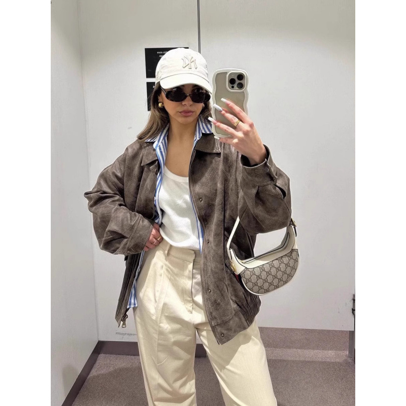 Ženska bomber jakna od velura – s reverom, dugi rukavi, casual stil, japansko-korejski ležerni stil, jesen 2024