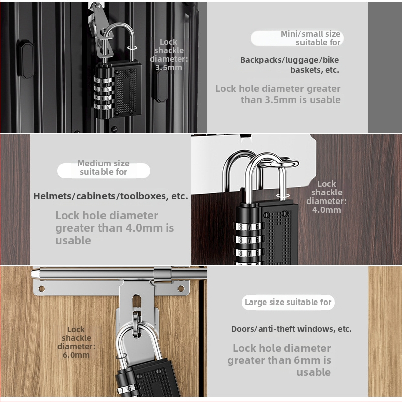 Mehanička brava s lozinkom za ormariće i vrata; materijal: cinkova legura + nehrđajući čelik; model Password Lock; debljina šipke 3.5/4.0/6.0 mm