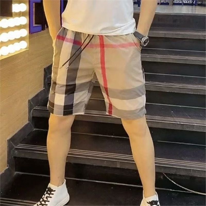 Muške kratke hlače s ispisanim kariranim uzorkom, korejski stil, straight kroj, srednji pojas, tanak materijal