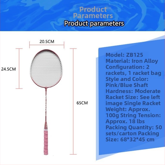 Badminton raketa; okvir od željeznog legura; težina 95–100 g; hvatište G4; tvrdoća šipke umjerena