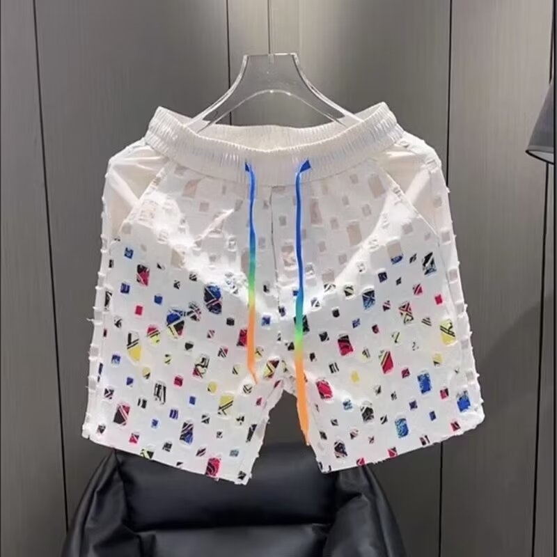 Muške šorceve s printom, korejski stil, ravni kroj, pamukova smjesa, blaga elastičnost