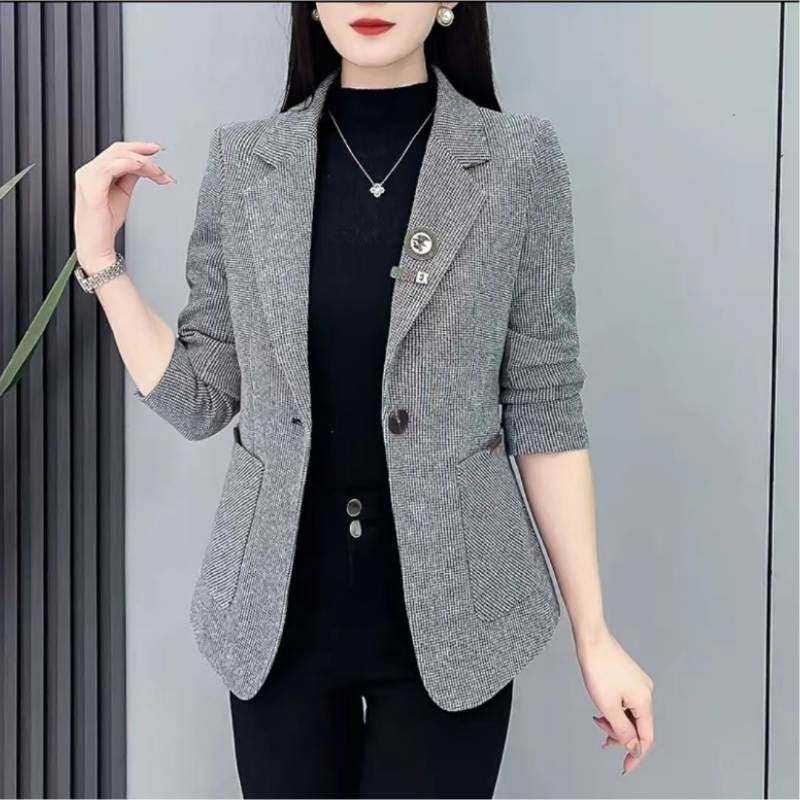 Žensko sako s houndstooth uzorkom, slim kroj, Polo ovratnik, jedno-kopčanje, dugi rukavi, tkanina odela 30–50% elastan