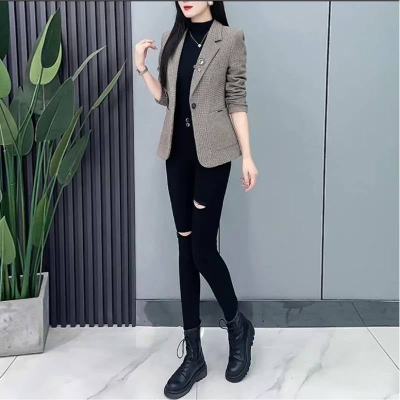 Žensko sako s houndstooth uzorkom, slim kroj, Polo ovratnik, jedno-kopčanje, dugi rukavi, tkanina odela 30–50% elastan