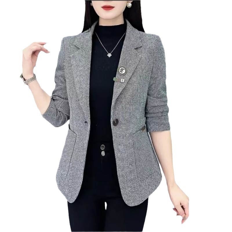 Žensko sako s houndstooth uzorkom, slim kroj, Polo ovratnik, jedno-kopčanje, dugi rukavi, tkanina odela 30–50% elastan