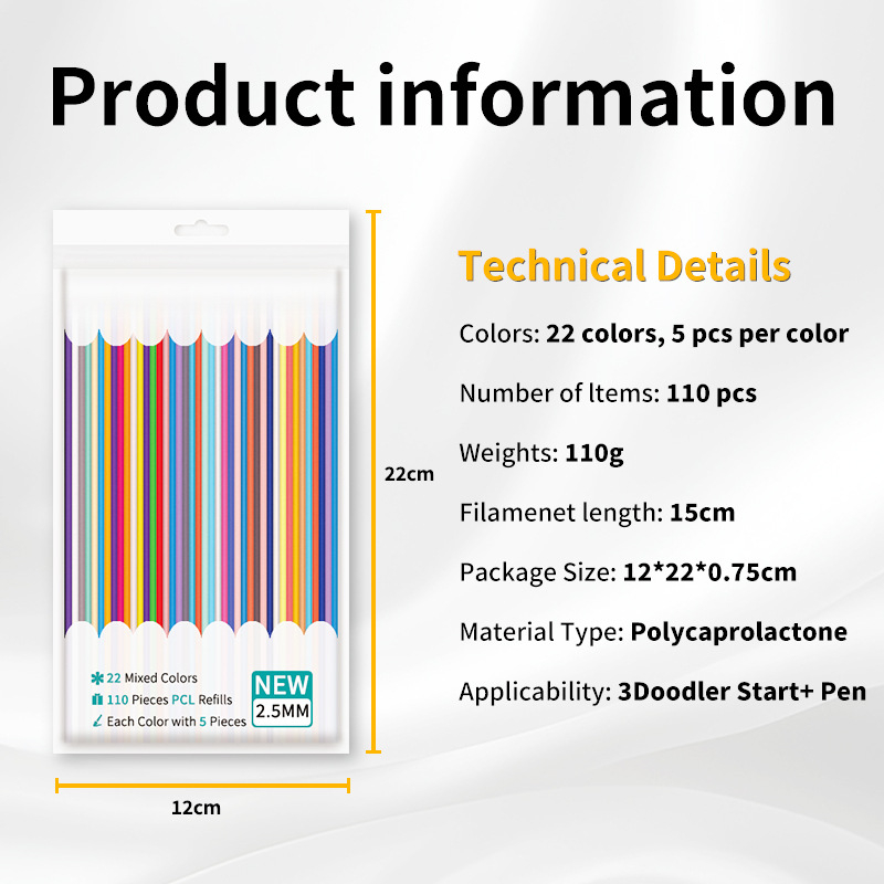 Alacsony hőmérsékletű PCL-konzumálók 3Doodler tollhoz, 2,5 mm, kör keresztmetszetű