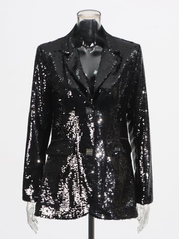 Sequin blejzer za žene, rever ovratnik, dugi rukavi, jesen 2025, poliester