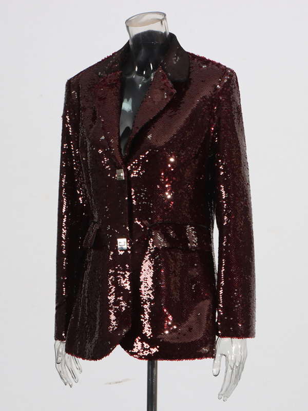 Sequin blejzer za žene, rever ovratnik, dugi rukavi, jesen 2025, poliester