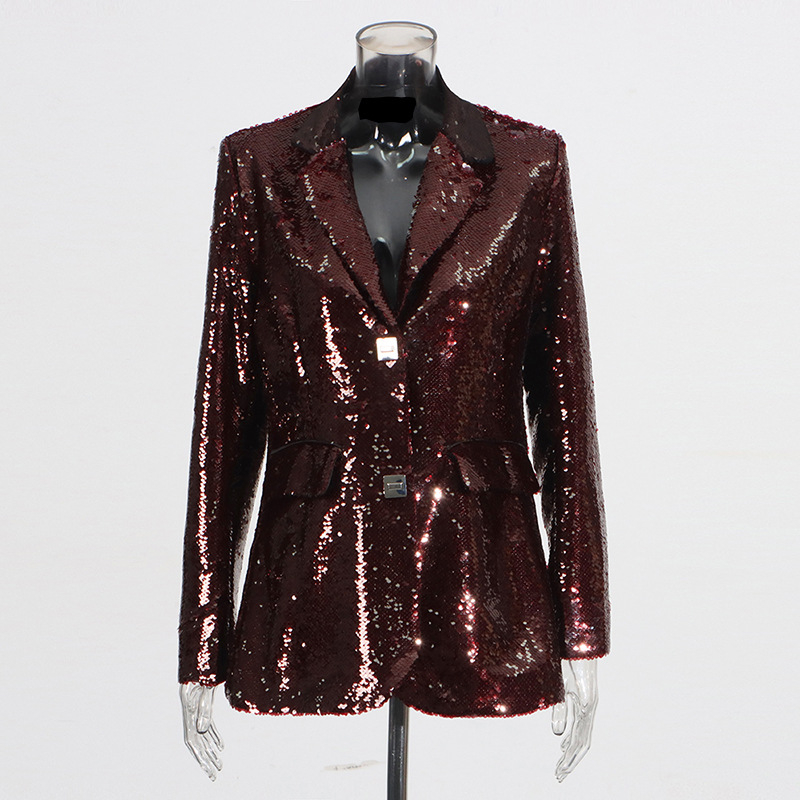 Sequin blejzer za žene, rever ovratnik, dugi rukavi, jesen 2025, poliester