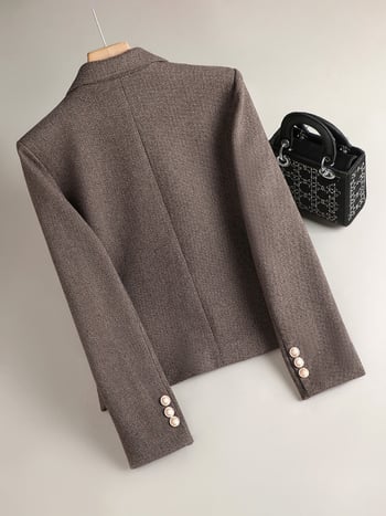 Žensko kratko vuneno sako za kostim, uski kroj, uzorak Houndstooth, normalna duljina 50–65 cm, ovratnik za kostim, zatvaranje s dva gumba