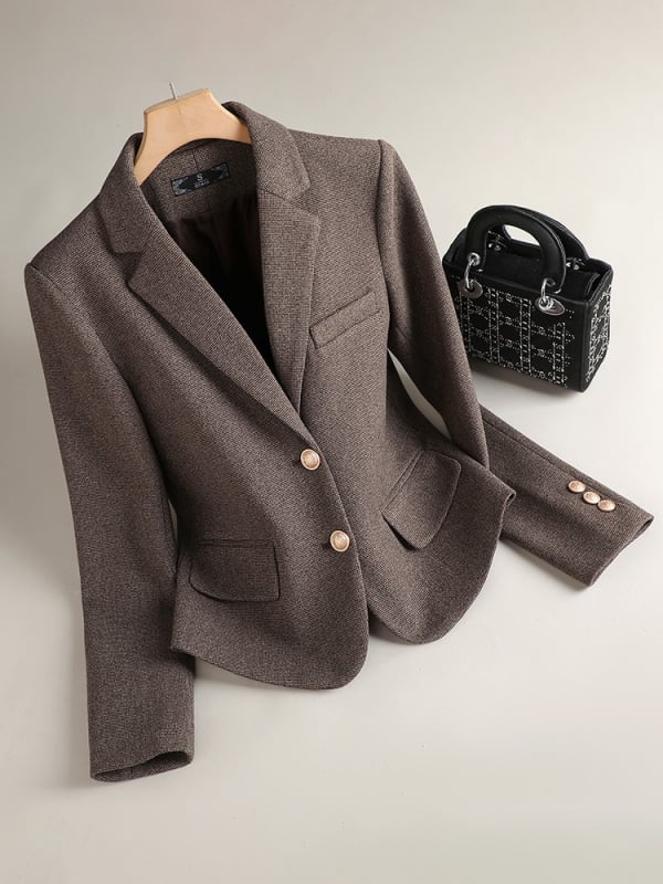 Žensko kratko vuneno sako za kostim, uski kroj, uzorak Houndstooth, normalna duljina 50–65 cm, ovratnik za kostim, zatvaranje s dva gumba