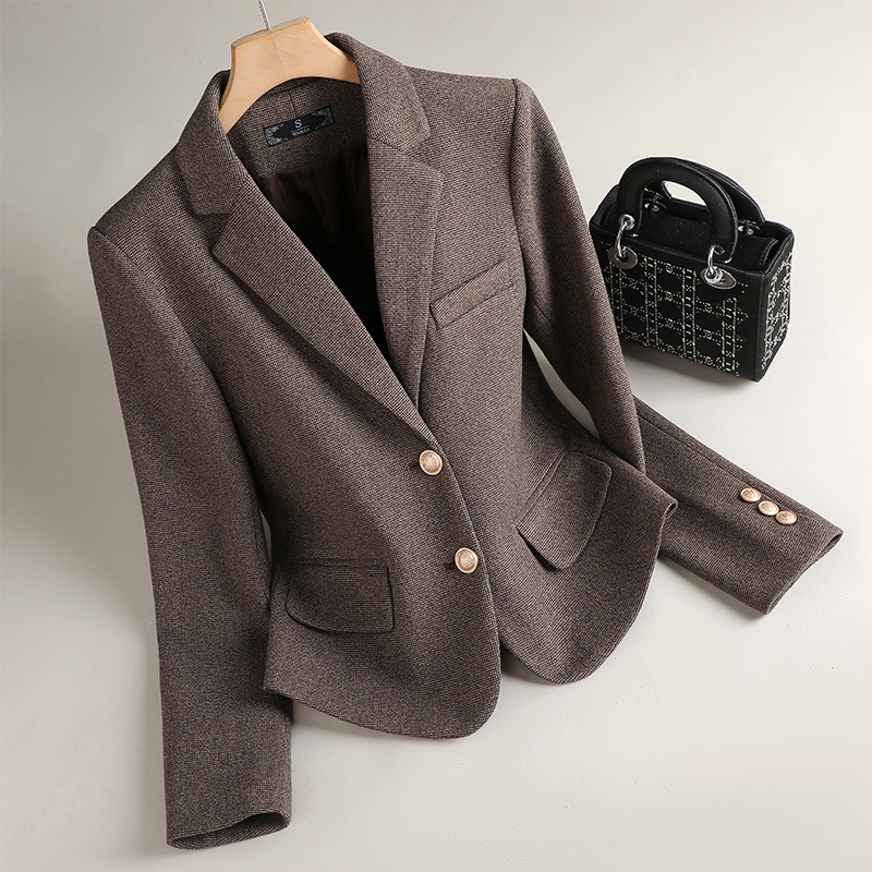 Žensko kratko vuneno sako za kostim, uski kroj, uzorak Houndstooth, normalna duljina 50–65 cm, ovratnik za kostim, zatvaranje s dva gumba