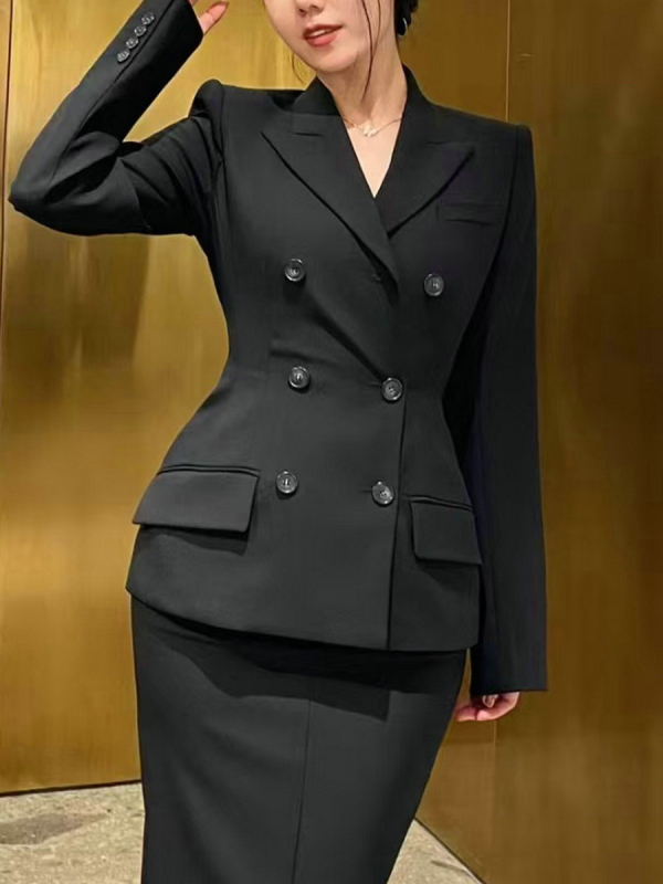 Ženski dvostruko kopčani sako u poslovnom stilu, s ovratnikom u stilu sakoa, dugi rukavi, materijal: imitacija svile i vune, jesen 2025