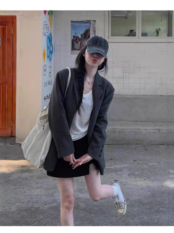 Žensko sako za kostim, srednja duljina, ovratnik sakog, jednostruko kopčanje, poliester tkanina, ležerni japansko-korejski stil