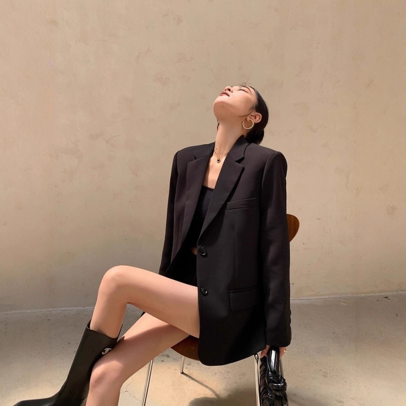 Žensko sako za kostim, srednja duljina, ovratnik sakog, jednostruko kopčanje, poliester tkanina, ležerni japansko-korejski stil