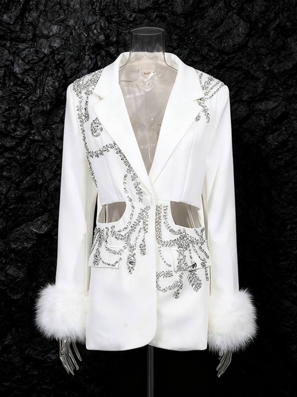 Damsko usko sako s jednim gumbom i dijamantnom dekoracijom, otkriva struk, poliester, zima 2025