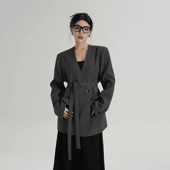 Ženski blejzer bez ovratnika, slobodan kroj, srednja duljina, poliester, dvostrano kopčanje