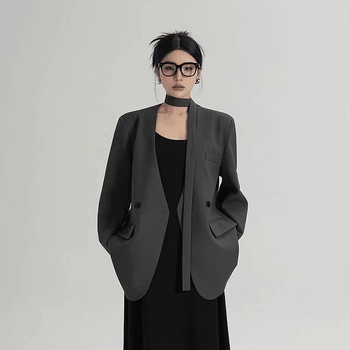 Ženski blejzer bez ovratnika, slobodan kroj, srednja duljina, poliester, dvostrano kopčanje