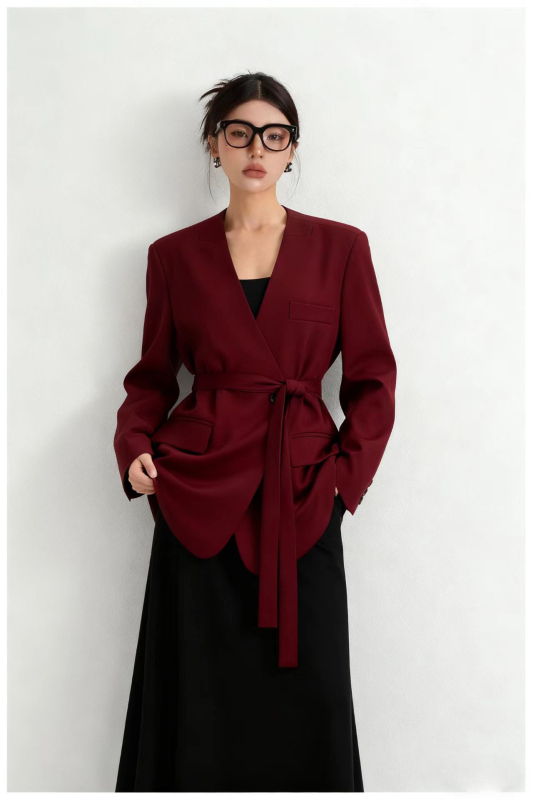 Ženski blejzer bez ovratnika, slobodan kroj, srednja duljina, poliester, dvostrano kopčanje