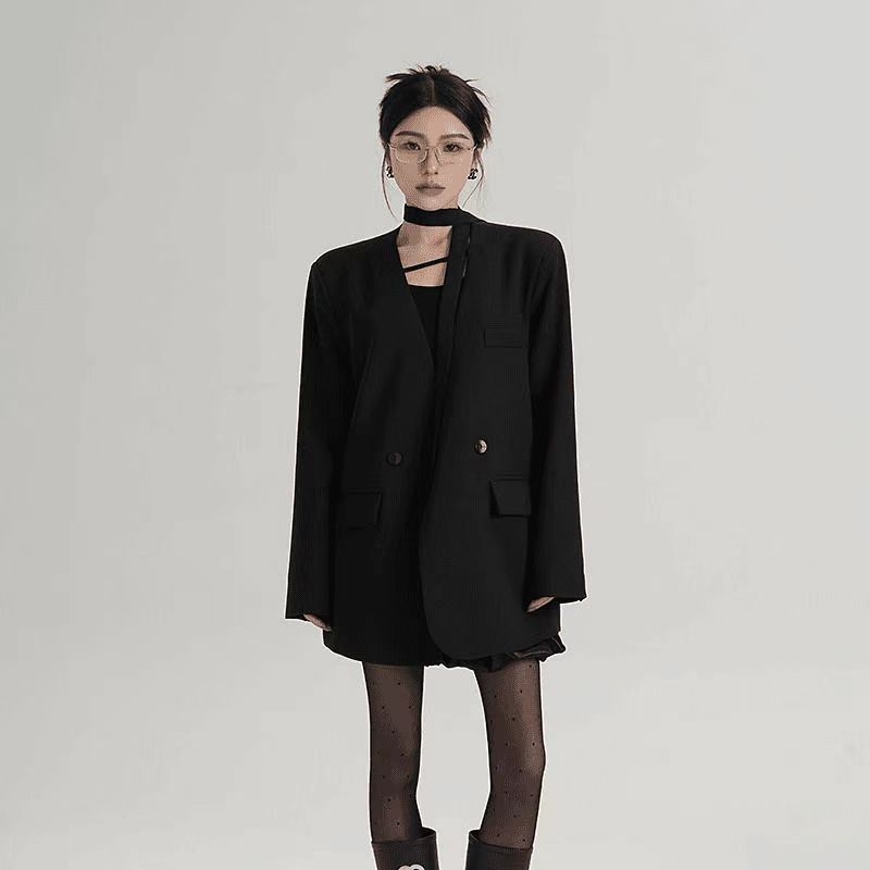 Ženski blejzer bez ovratnika, slobodan kroj, srednja duljina, poliester, dvostrano kopčanje