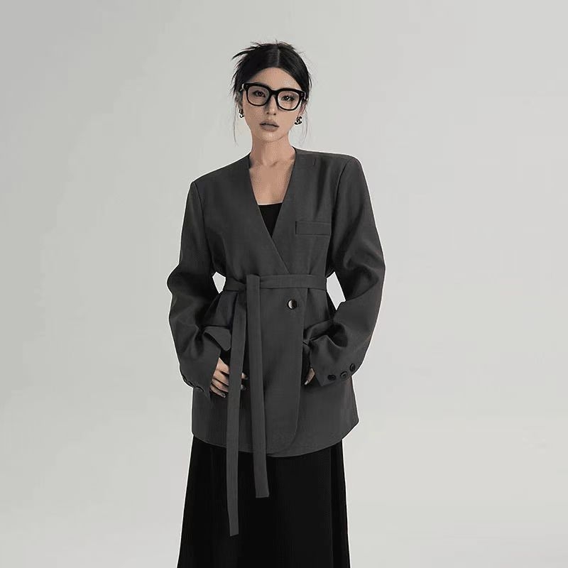 Ženski blejzer bez ovratnika, slobodan kroj, srednja duljina, poliester, dvostrano kopčanje