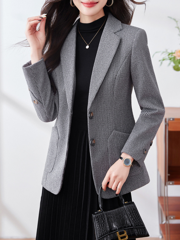 Žensko usko sako od odijela, retro stil, jednostavan uzorak, ovratnik od sakoa, jednostruko zatvaranje, poliester