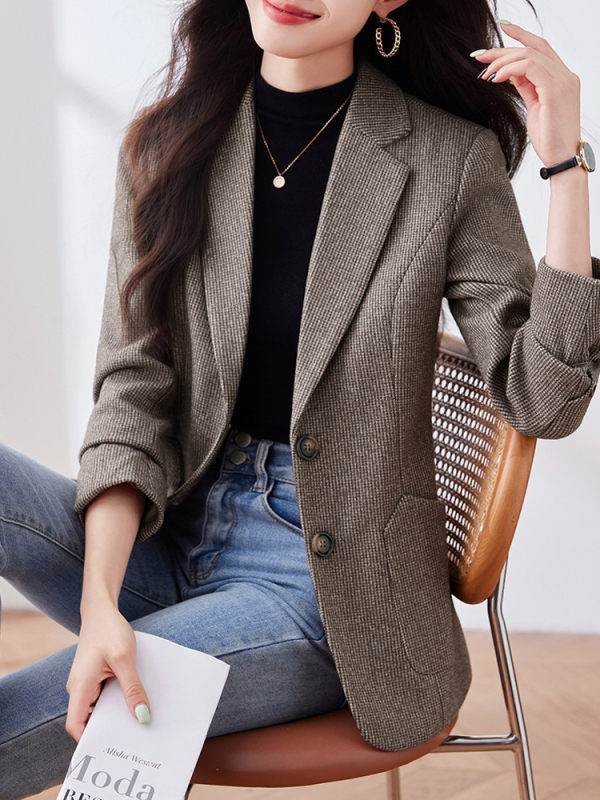 Žensko usko sako od odijela, retro stil, jednostavan uzorak, ovratnik od sakoa, jednostruko zatvaranje, poliester
