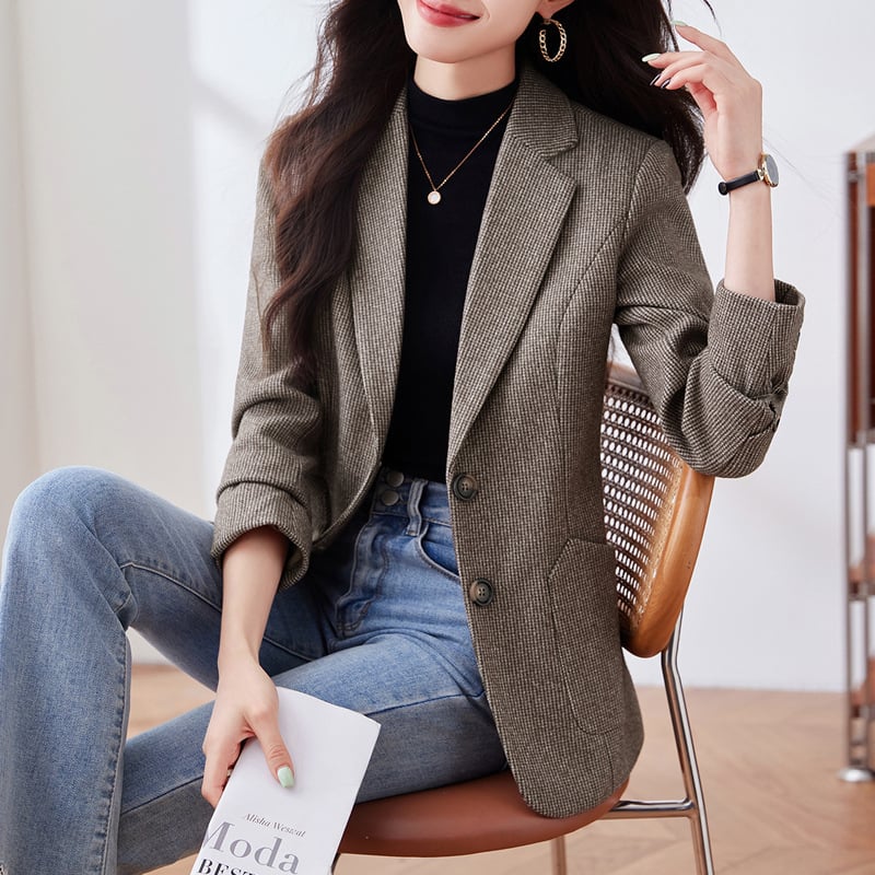 Žensko usko sako od odijela, retro stil, jednostavan uzorak, ovratnik od sakoa, jednostruko zatvaranje, poliester