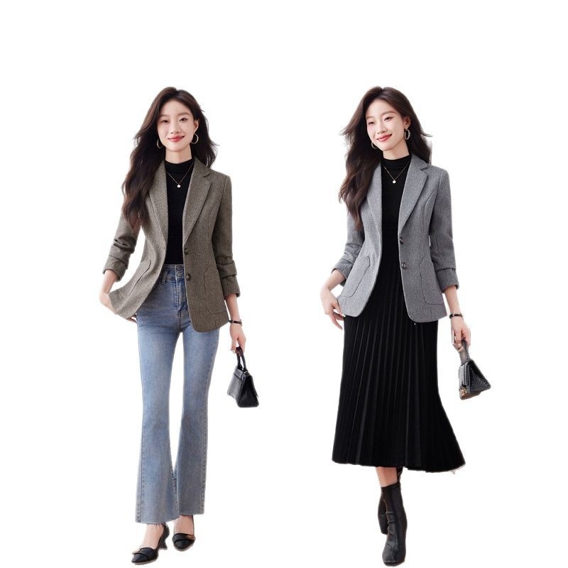 Žensko usko sako od odijela, retro stil, jednostavan uzorak, ovratnik od sakoa, jednostruko zatvaranje, poliester