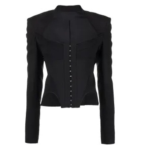 Ženski blejzer, uski kroj, četvrtasti ovratnik, dugi rukavi, poliester, kopčanje na jedan red