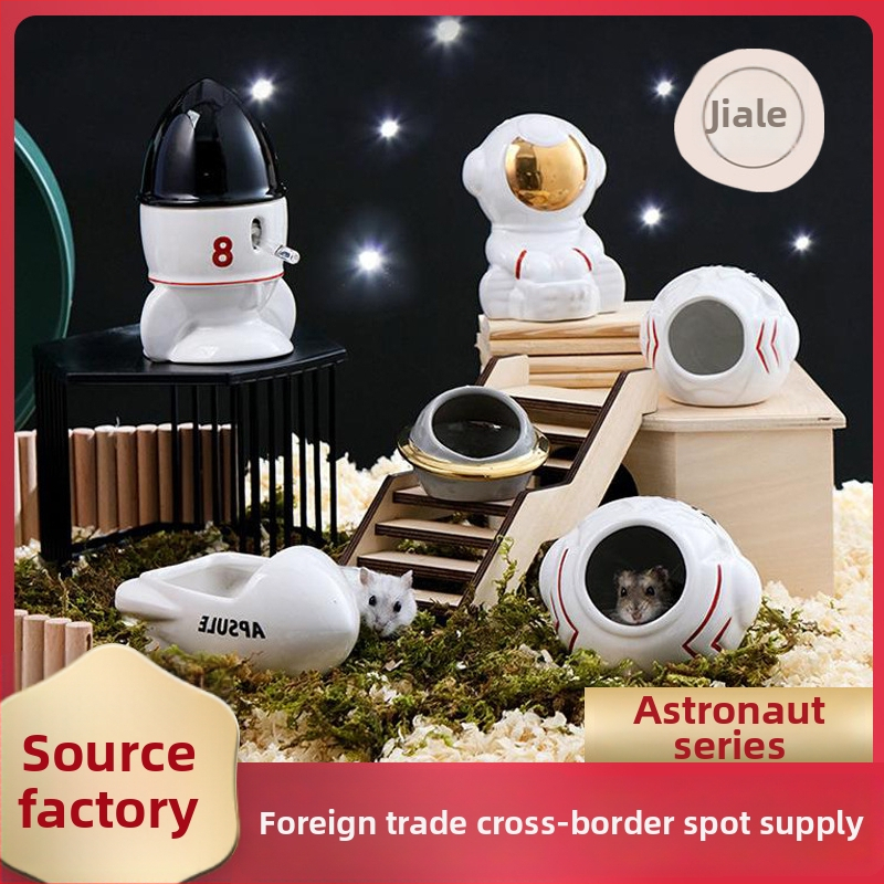 Set ceramic pentru hamster – seria spaceman cu bol pentru mâncare, dozator de apă, cadă și cuib adăpost