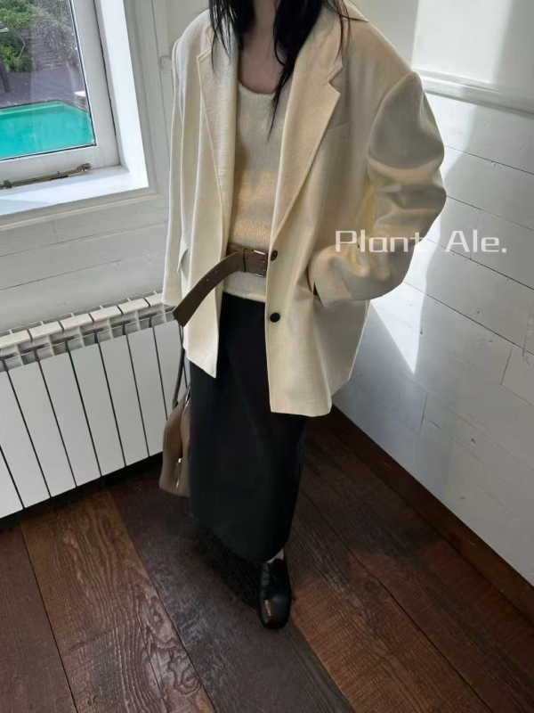 Muzi sako od pamuk-lino smeše za žene, oversize, kostim-stilu sako, rever, dvostruko kopčanje, jesen 2025, model 8M098