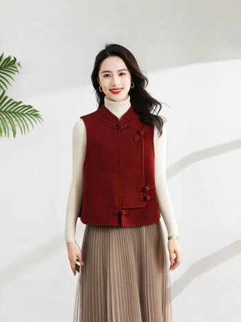 Vesta od mješavine vune, okrugli izrez, redovita duljina, prednje kopčanje s gumbima, kineski stil (Književno retro, Elegantan temperament)