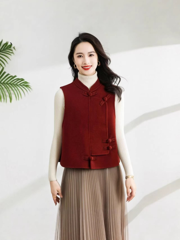 Vesta od mješavine vune, okrugli izrez, redovita duljina, prednje kopčanje s gumbima, kineski stil (Književno retro, Elegantan temperament)