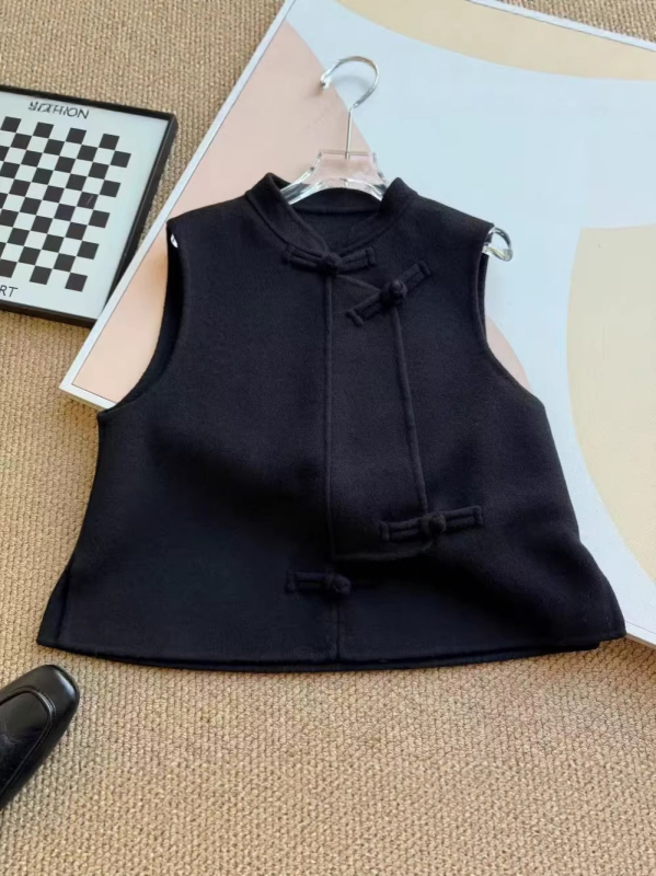 Vesta od mješavine vune, okrugli izrez, redovita duljina, prednje kopčanje s gumbima, kineski stil (Književno retro, Elegantan temperament)