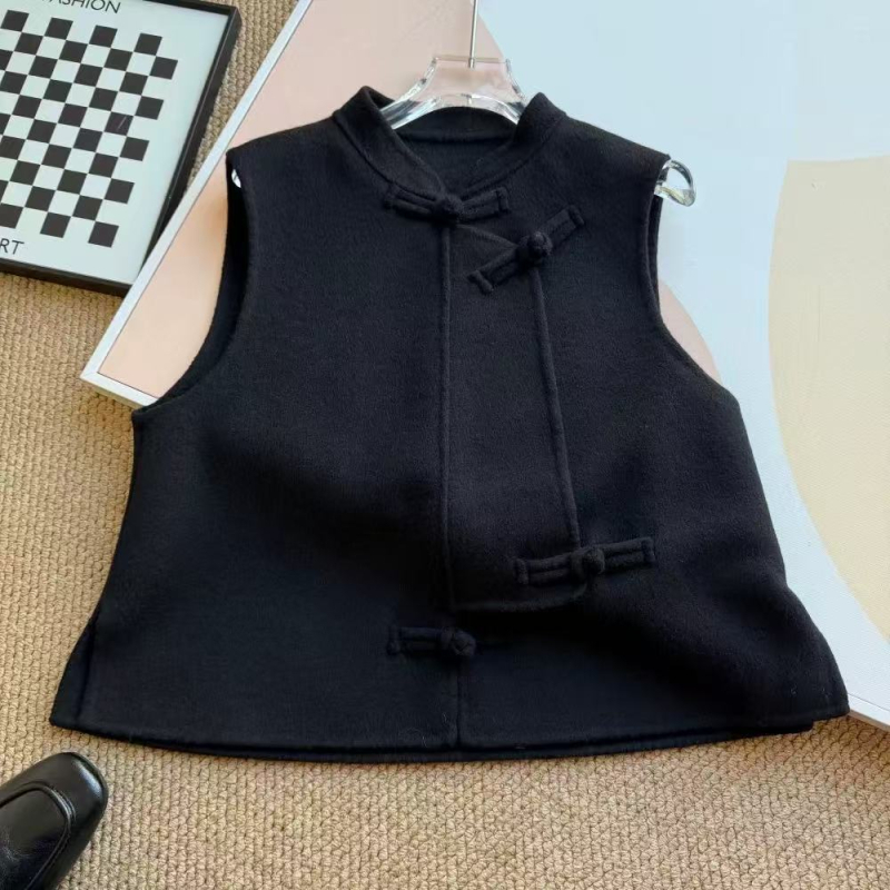 Vesta od mješavine vune, okrugli izrez, redovita duljina, prednje kopčanje s gumbima, kineski stil (Književno retro, Elegantan temperament)