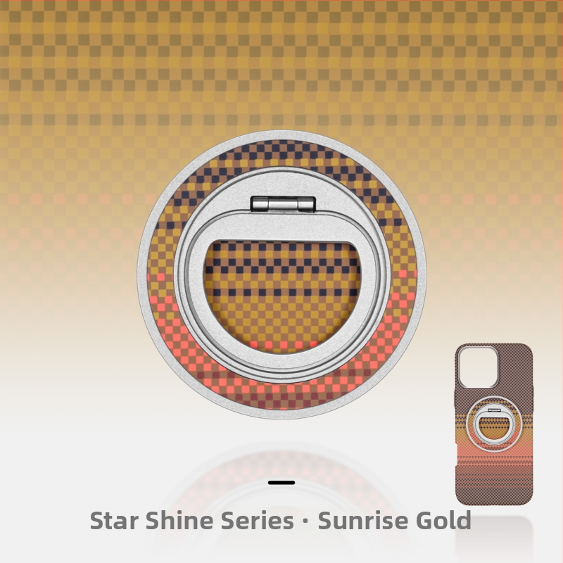 MagSafe-kompatibilis telefon-tartó szénszálas és fém anyagból, forgó gyűrű záróval, háromszög alakú