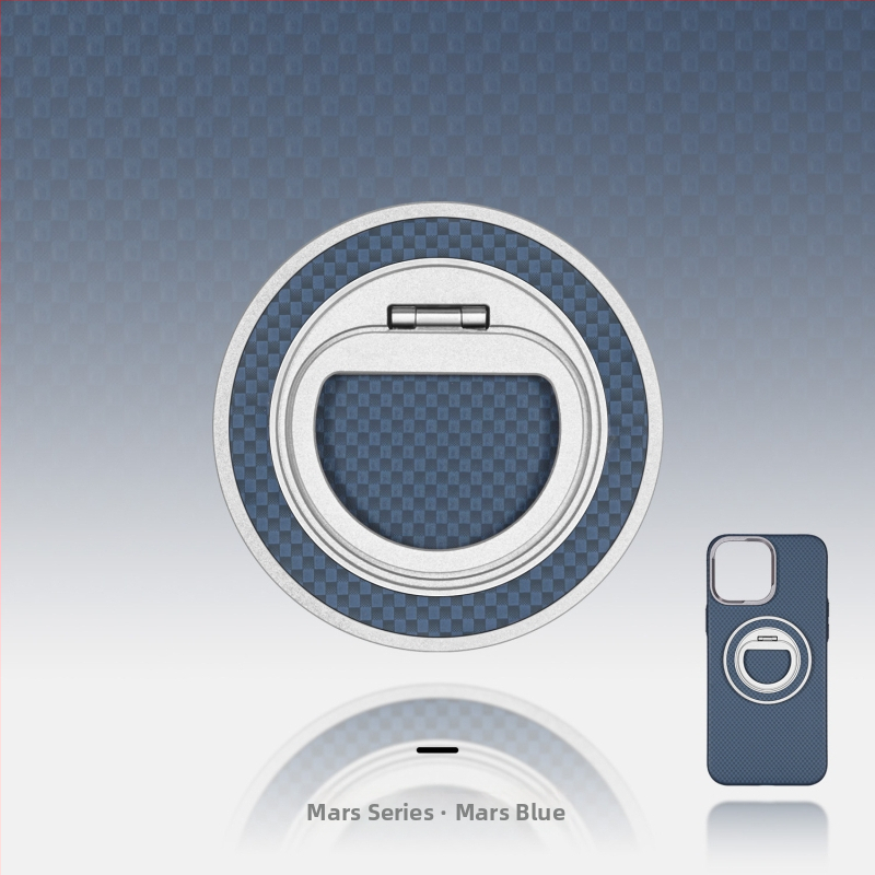 MagSafe-kompatibilis telefon-tartó szénszálas és fém anyagból, forgó gyűrű záróval, háromszög alakú