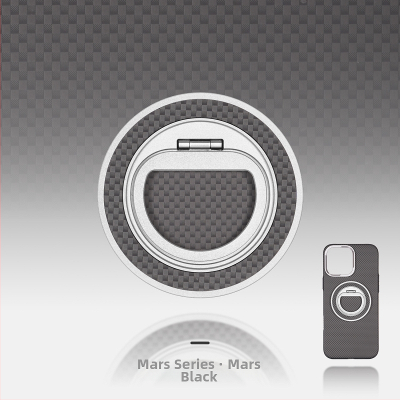 MagSafe-kompatibilis telefon-tartó szénszálas és fém anyagból, forgó gyűrű záróval, háromszög alakú