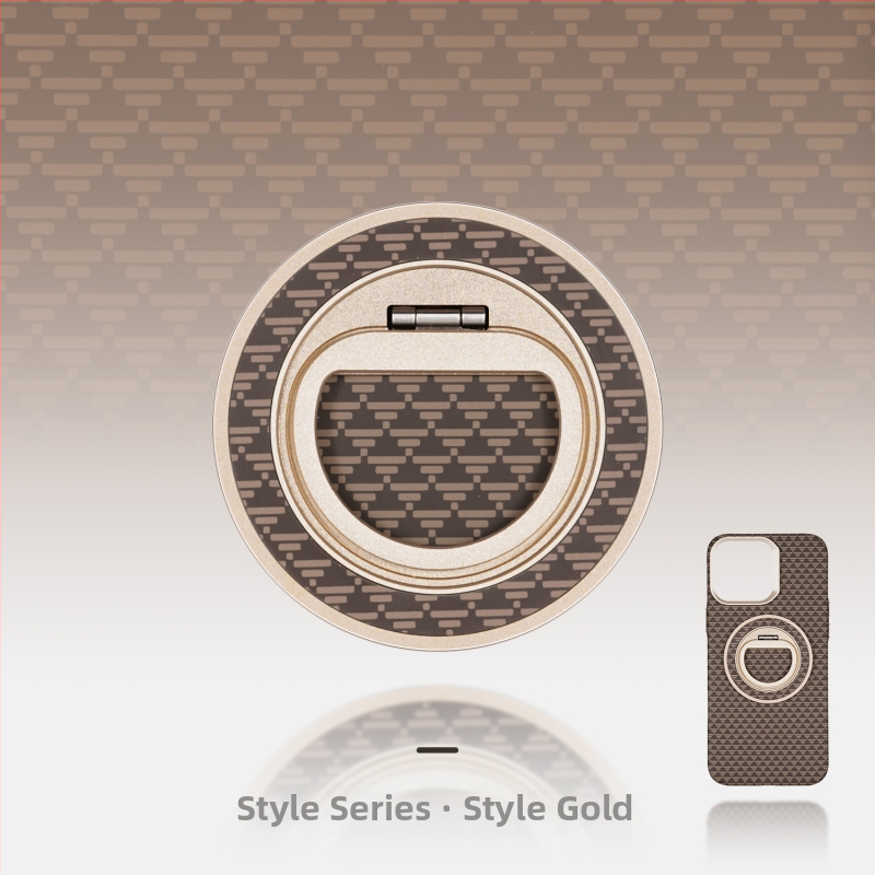 MagSafe-kompatibilis telefon-tartó szénszálas és fém anyagból, forgó gyűrű záróval, háromszög alakú