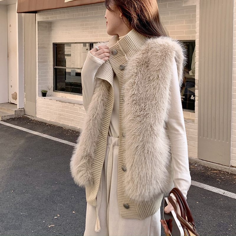 Ženski kardigan-vest sa stojećim ovratnikom, imitacija mink, mješavina poliestera i najlona 30–50% svaki, ležerni kroj, japansko-korejski opušten stil