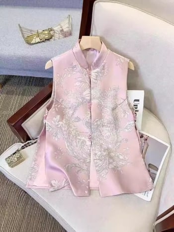Visoko kvalitetna vest u kineskom stilu za proljeće i jesen, ženski bezrukav top s prednjim kopčama i retro geometrijskim uzorkom