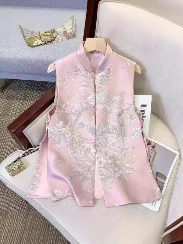 Visoko kvalitetna vest u kineskom stilu za proljeće i jesen, ženski bezrukav top s prednjim kopčama i retro geometrijskim uzorkom