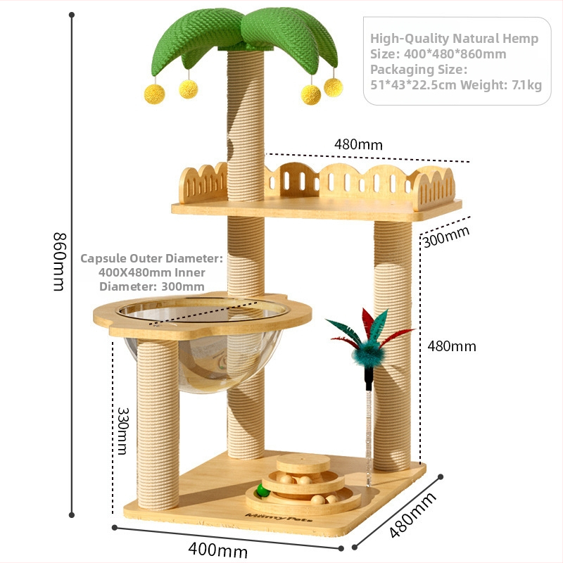 Mačací lezecký rám s útulnou a stromom, integrovaná doska na škrabanie, dizajn vesmírnej kapsule, minimalistický štýl, materiál sisal