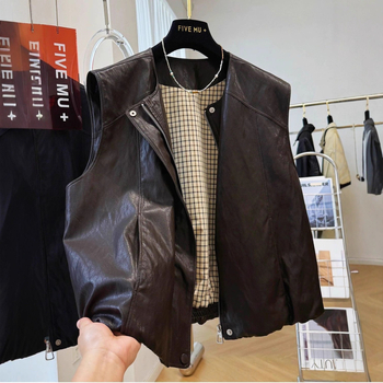 Ženski PU kožni prsluk bez rukava, okrugli izrez, retro stil, punilo od svile