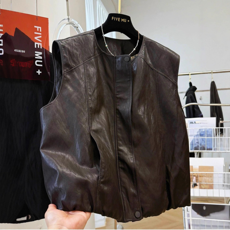 Ženski PU kožni prsluk bez rukava, okrugli izrez, retro stil, punilo od svile