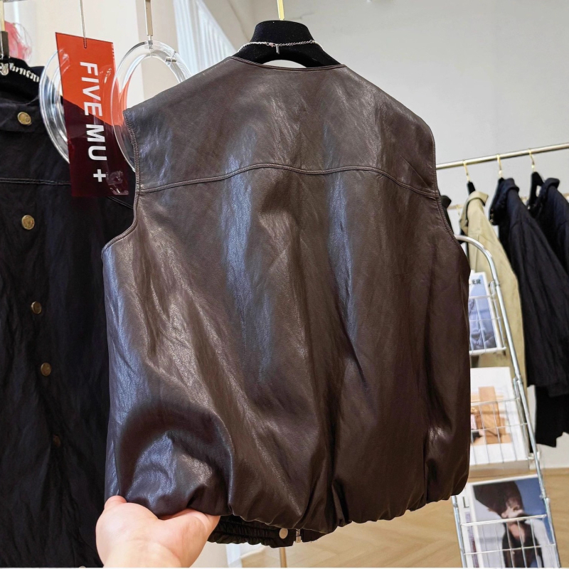 Ženski PU kožni prsluk bez rukava, okrugli izrez, retro stil, punilo od svile