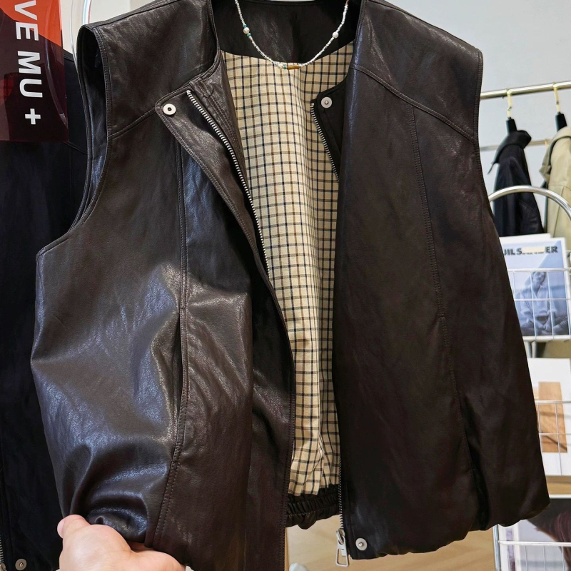Ženski PU kožni prsluk bez rukava, okrugli izrez, retro stil, punilo od svile